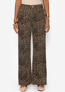Wide Leg Jeans mit hohem Bund in Leo-Print - beige