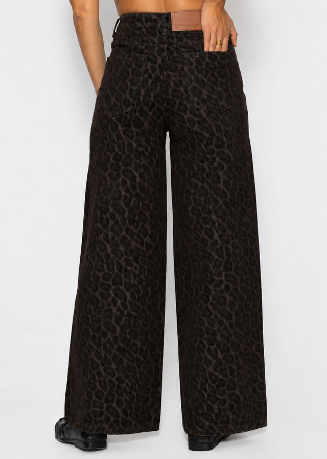 Wide-Leg-Jeans mit Leo-Muster - braun