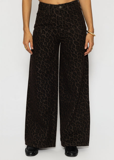 Wide-Leg-Jeans mit Leo-Muster - braun