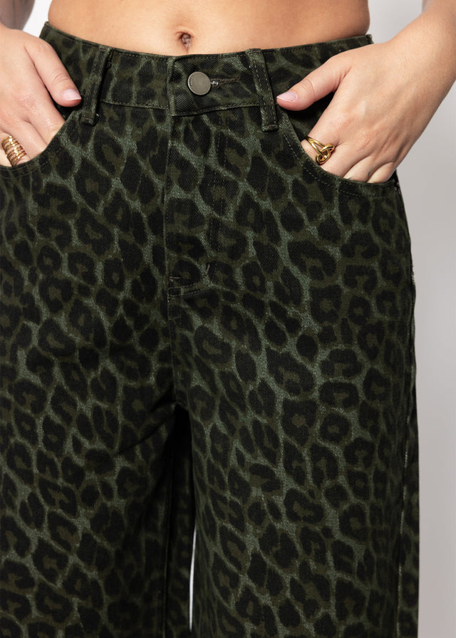 Wide-Leg-Jeans mit Leo-Muster - khaki