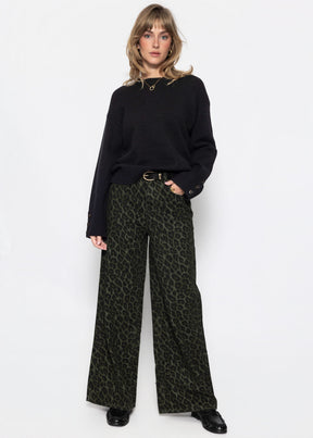 Wide-Leg-Jeans mit Leo-Muster - khaki
