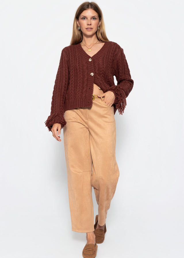 Zopfstrick-Cardigan mit Fransenbündchen - braun