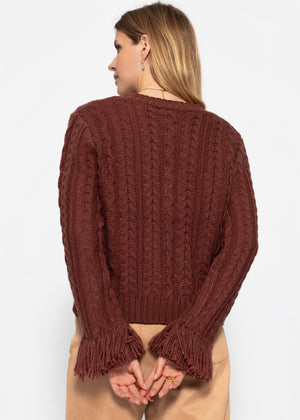 Zopfstrick-Cardigan mit Fransenbündchen - rostrot
