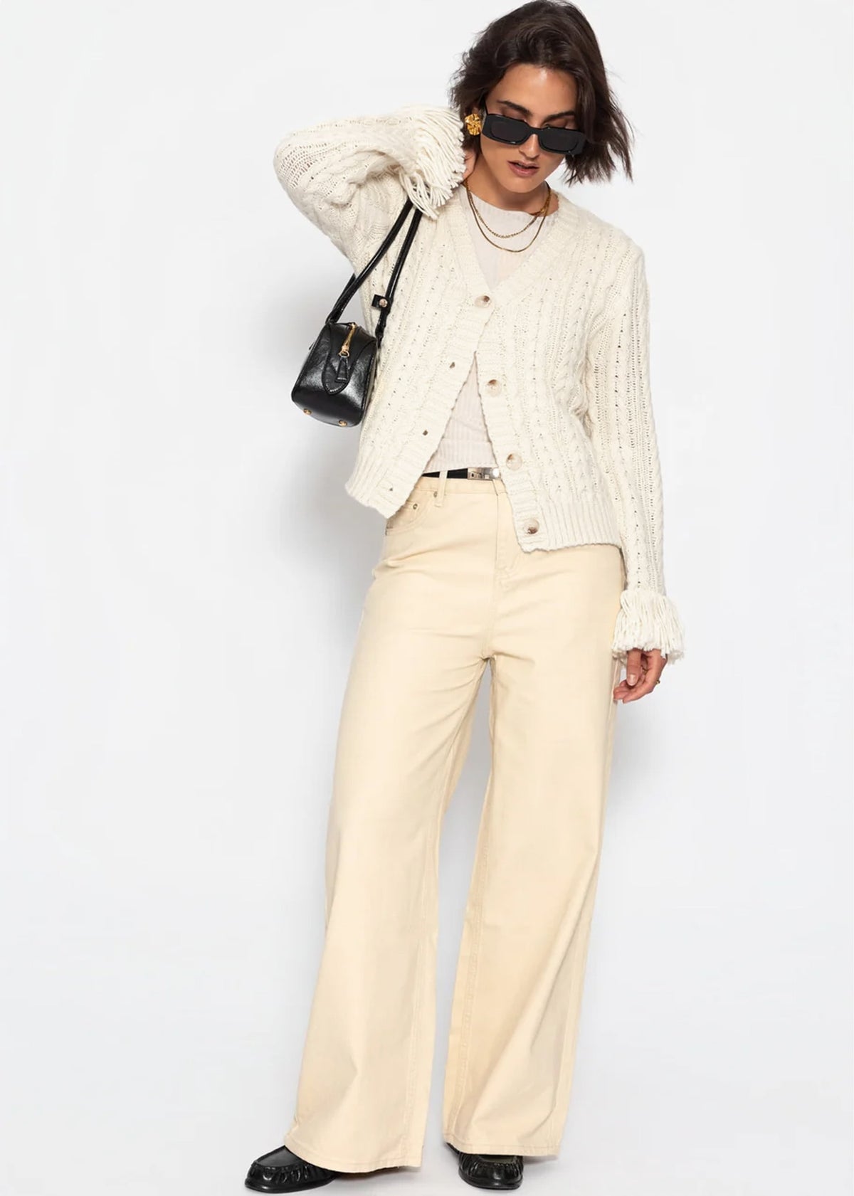 Zopfstrick-Cardigan mit Fransenbündchen - offwhite