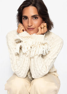 Zopfstrick-Cardigan mit Fransenbündchen - offwhite
