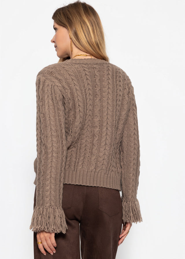 Zopfstrick-Cardigan mit Fransenbündchen - taupe