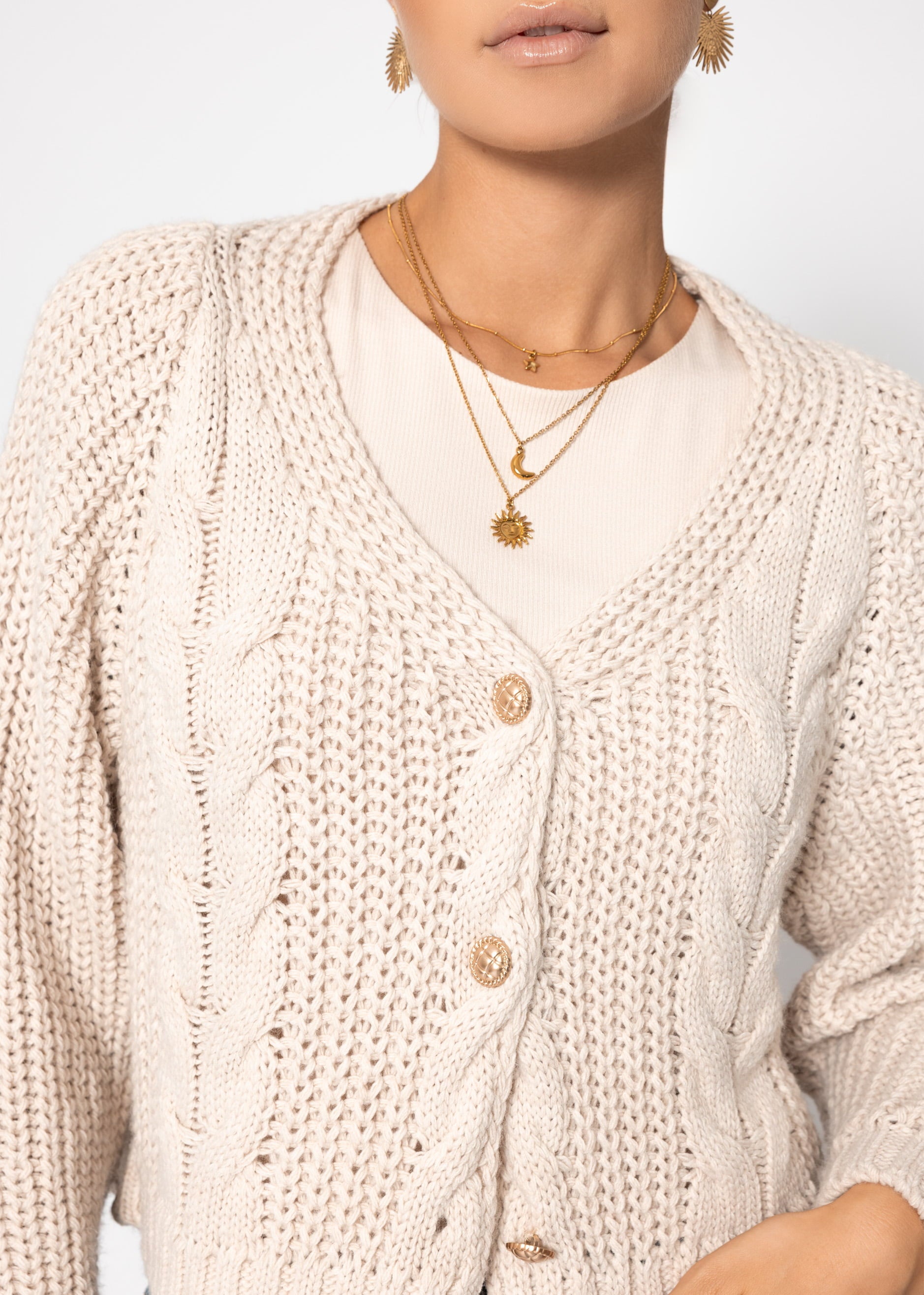 Zopfstrick-Cardigan mit Knopfleiste beige – SASSYCLASSY