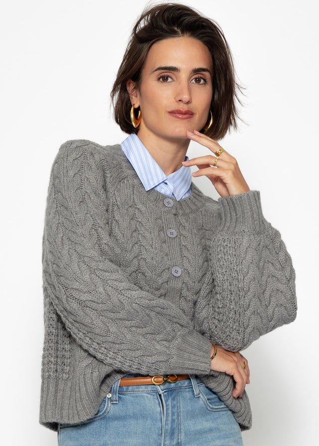 Zopfstrick-Cardigan mit Rundhalsausschnitt - grau