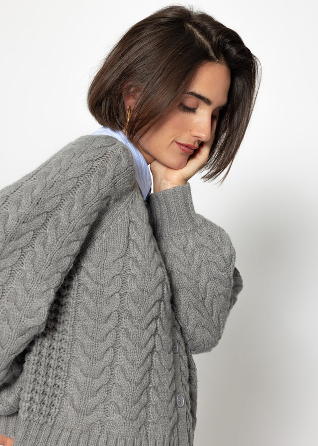 Zopfstrick-Cardigan mit Rundhalsausschnitt - grau