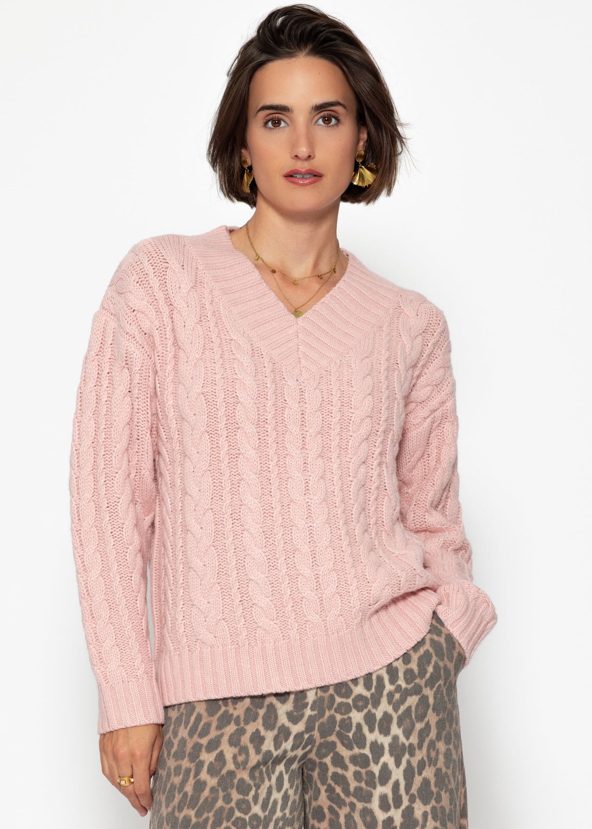 Zopfstrickpullover mit V-Ausschnitt - rosa