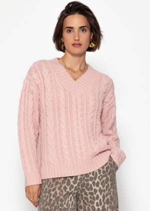 Zopfstrickpullover mit V-Ausschnitt - rosa