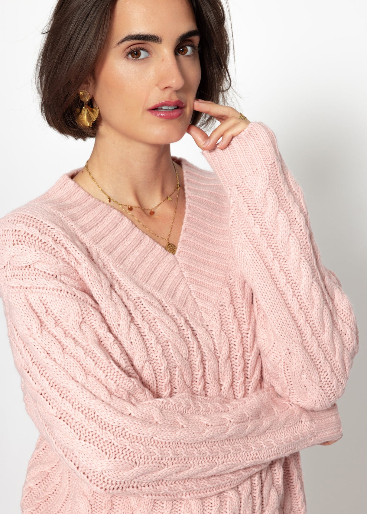 Zopfstrickpullover mit V-Ausschnitt - rosa