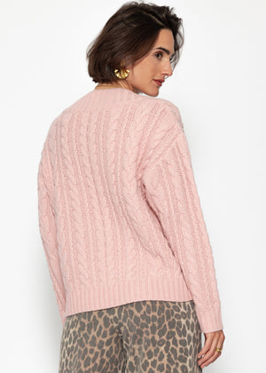 Zopfstrickpullover mit V-Ausschnitt - rosa