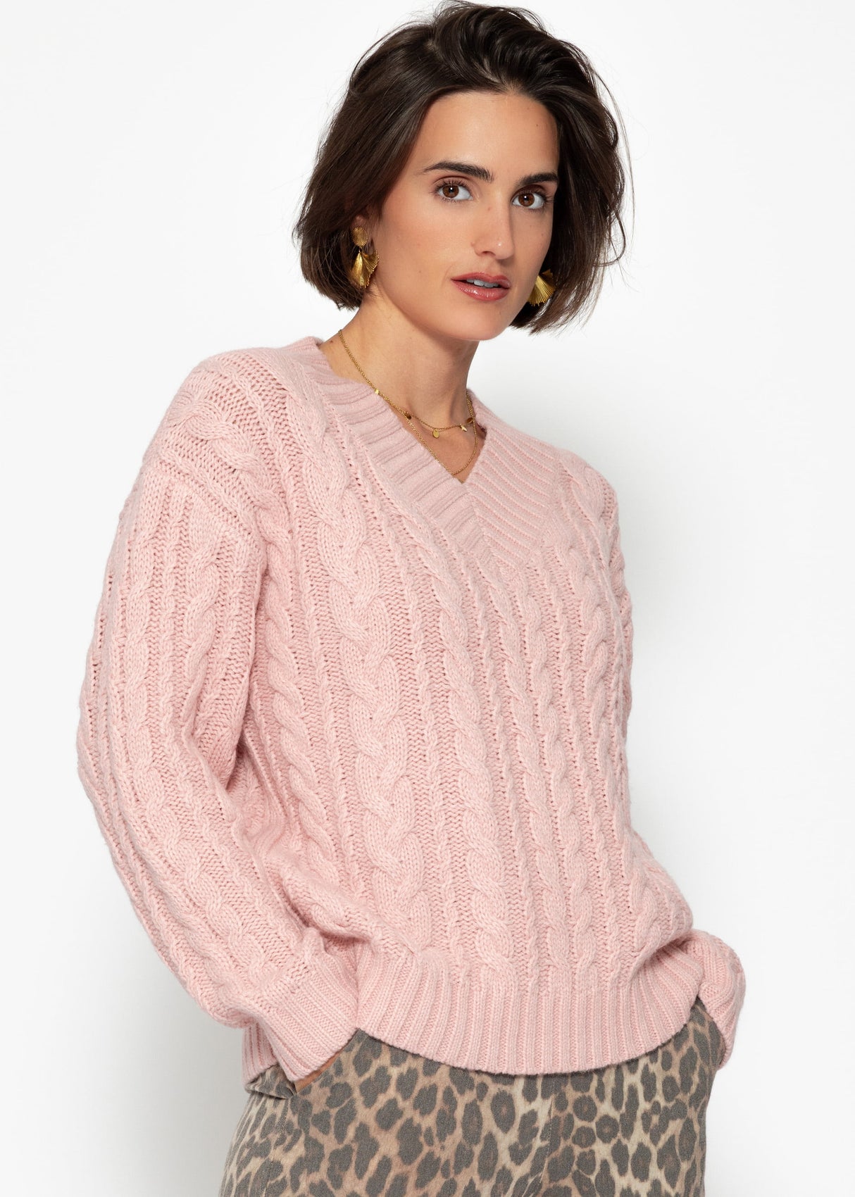 Zopfstrickpullover mit V-Ausschnitt - rosa