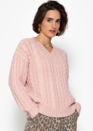 Zopfstrickpullover mit V-Ausschnitt - rosa