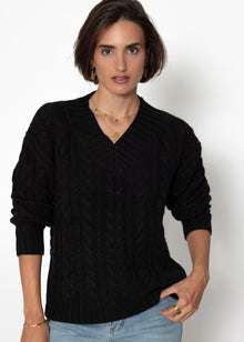 Zopfstrickpullover mit V-Ausschnitt - schwarz