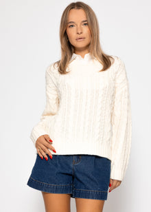 Zopfstrickpullover mit V-Ausschnitt - offwhite