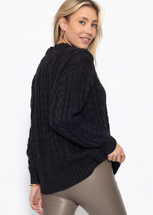Cable knit jumper with V-neck - black