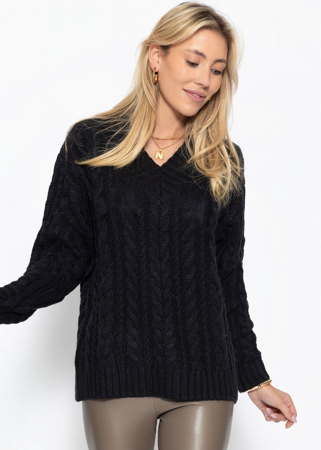 Cable knit jumper with V-neck - black