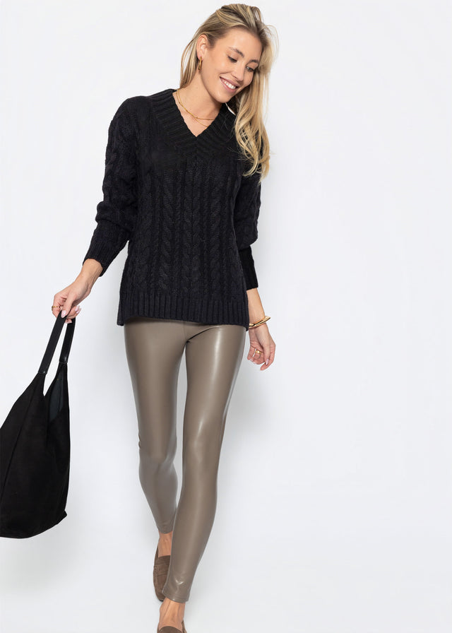 Cable knit jumper with V-neck - black
