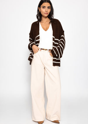 Striped cardigan with outer seams - dark brown