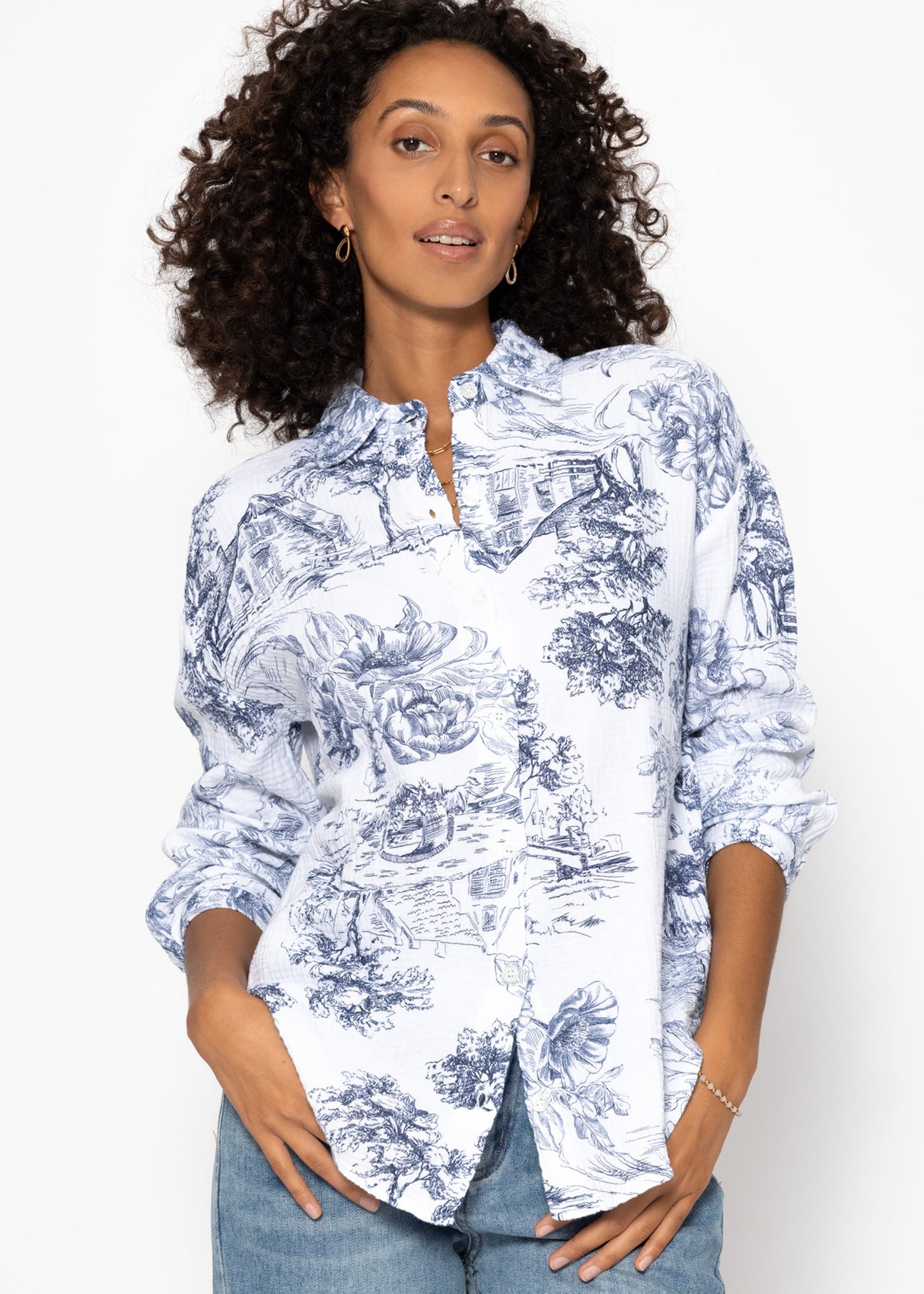 Oversize Musselin Bluse mit Print - dunkelblau