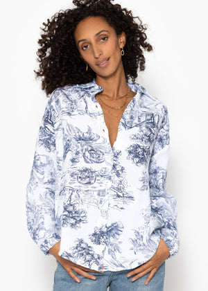 Oversize Musselin Bluse mit Print - dunkelblau