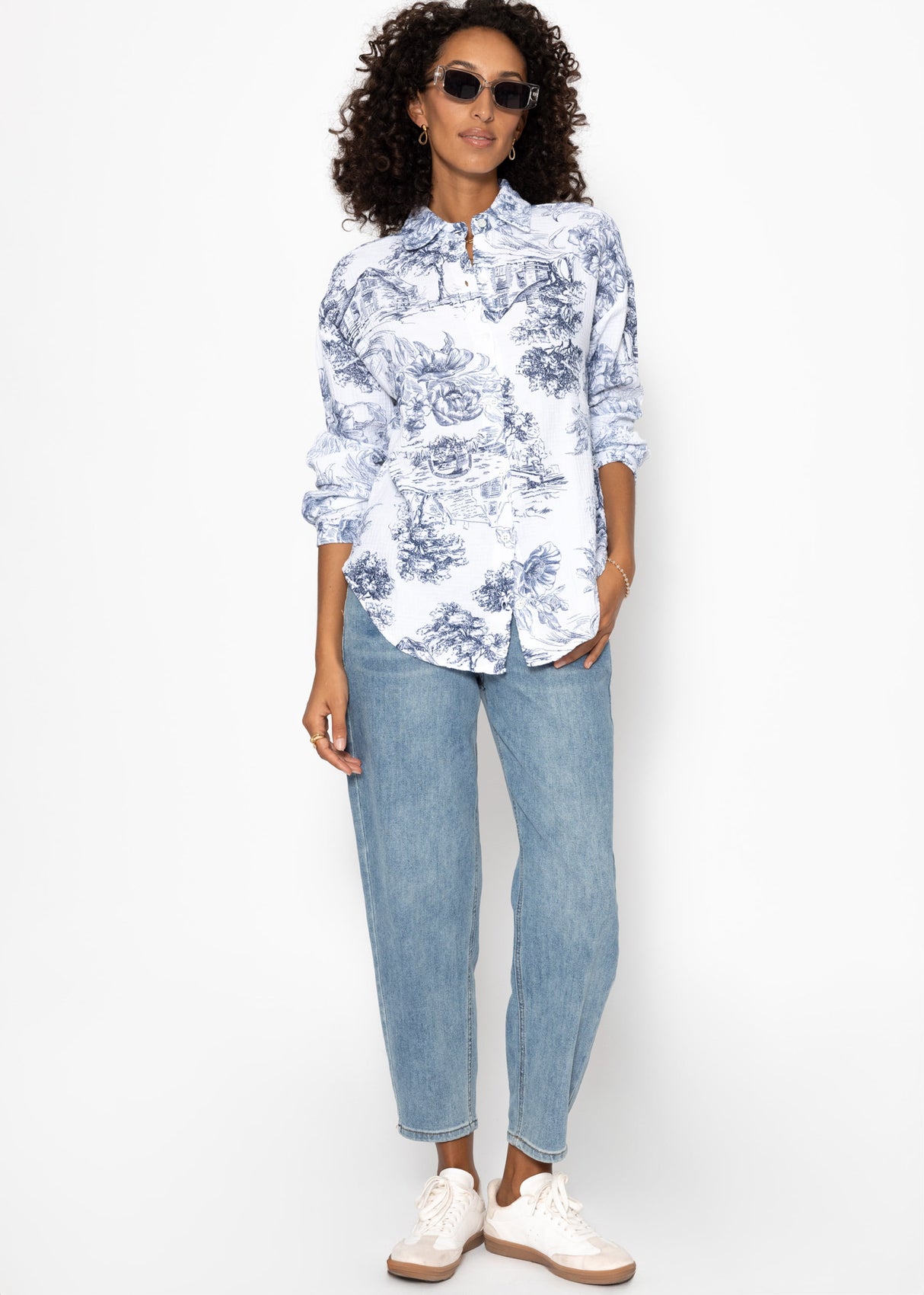 Oversize Musselin Bluse mit Print - dunkelblau