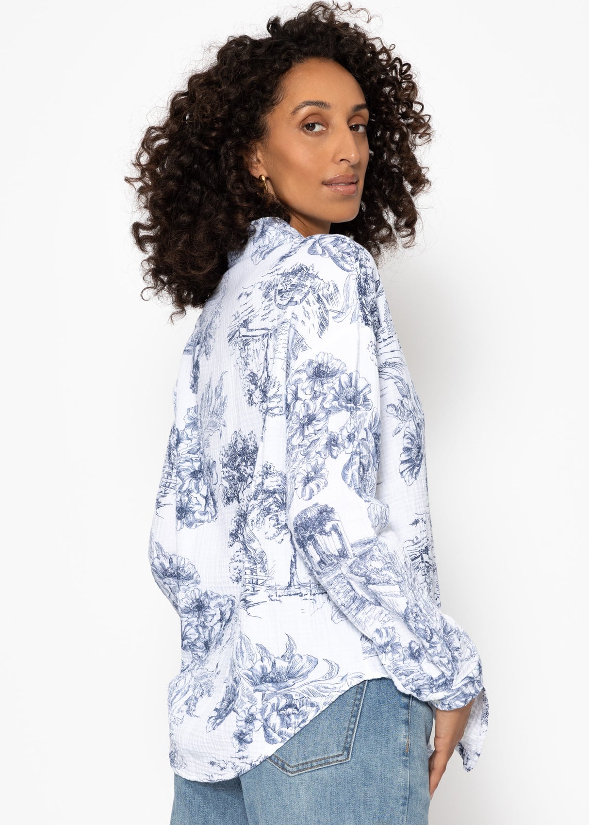 Oversize Musselin Bluse mit Print - dunkelblau