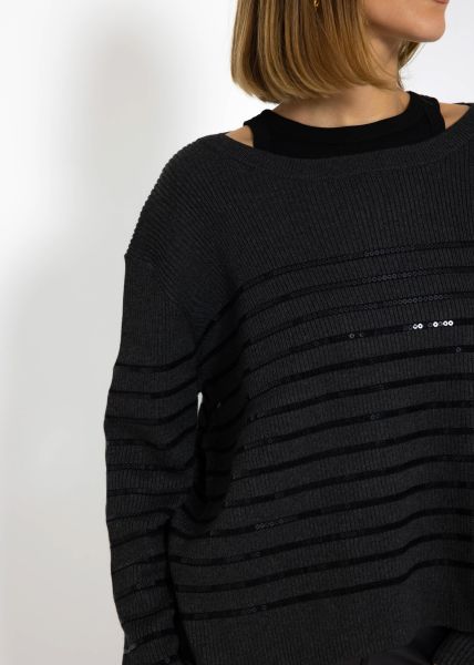 Pullover mit Pailletten Streifen - dunkelgrau