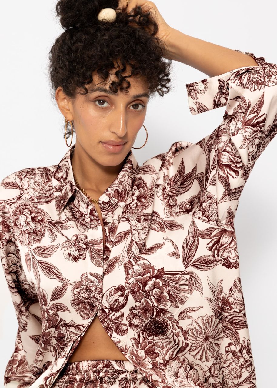 Satin Bluse mit Print - offwhite-weinrot