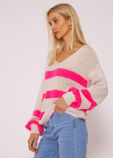 Pullover mit pink Streifen - hellbeige