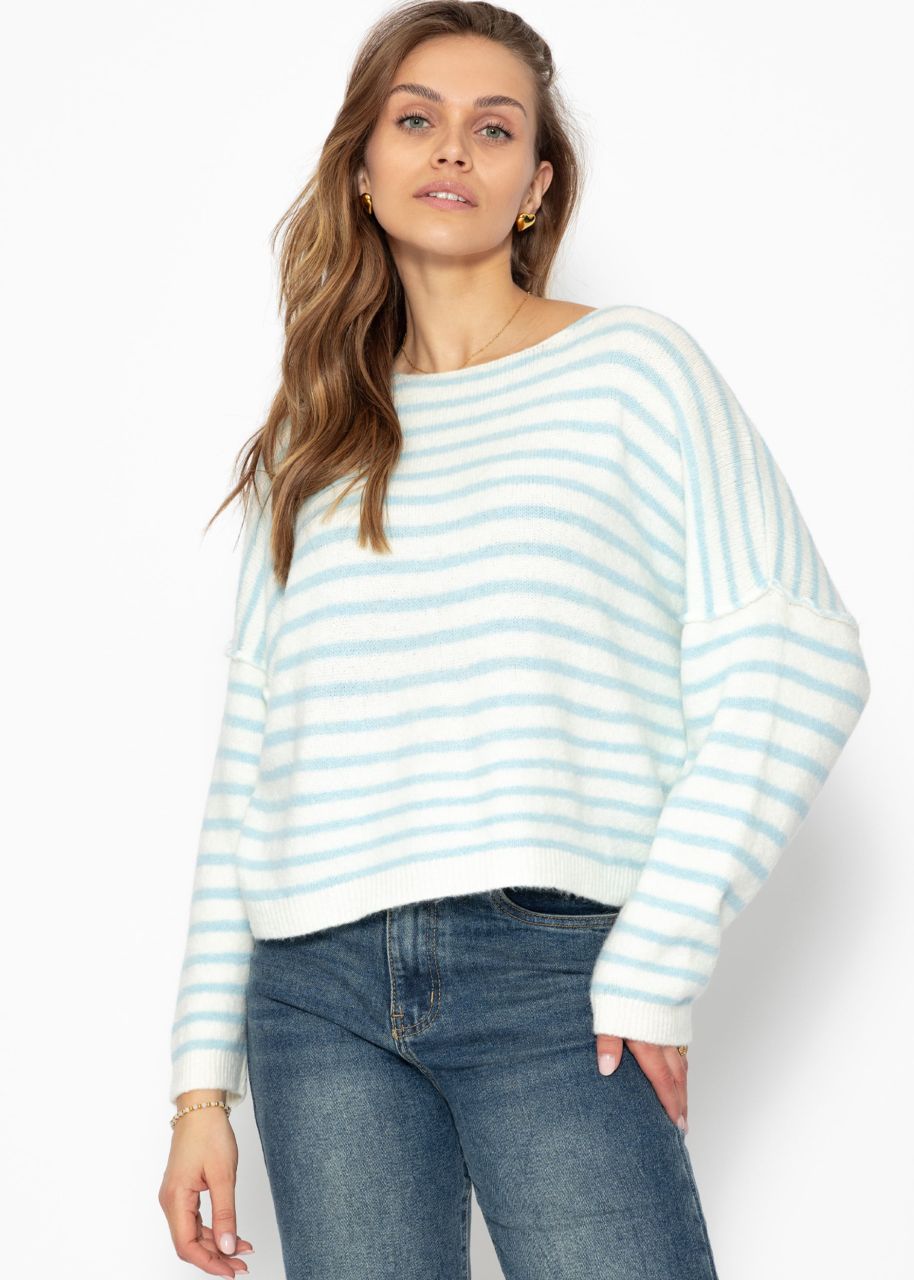 Gestreifter Oversize Pullover mit Rückennaht - hellblau-offwhite