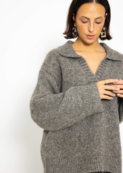 Oversize Pullover mit Kragen - grau