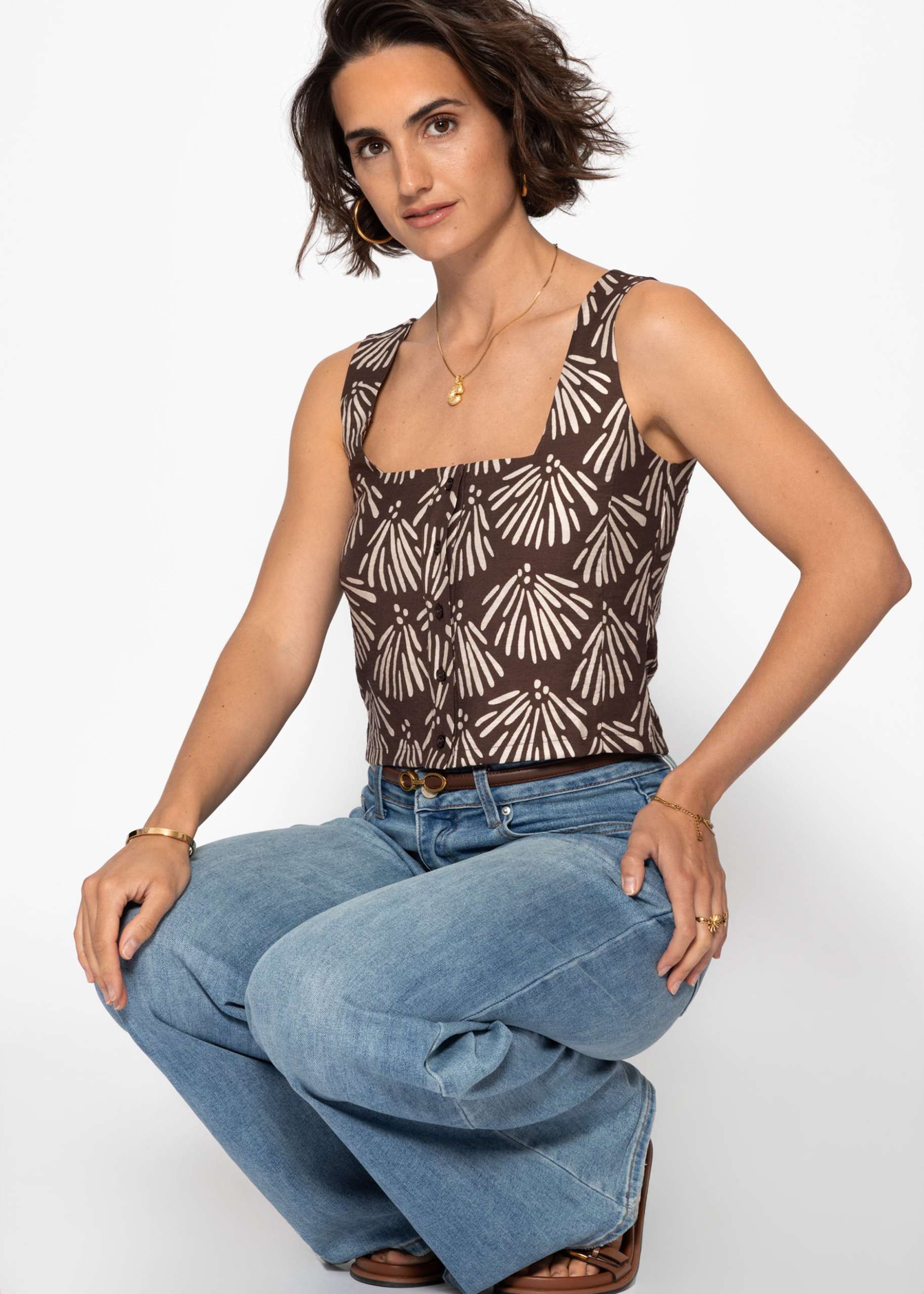 Top mit Knopfleiste und Muschel-Print - braun