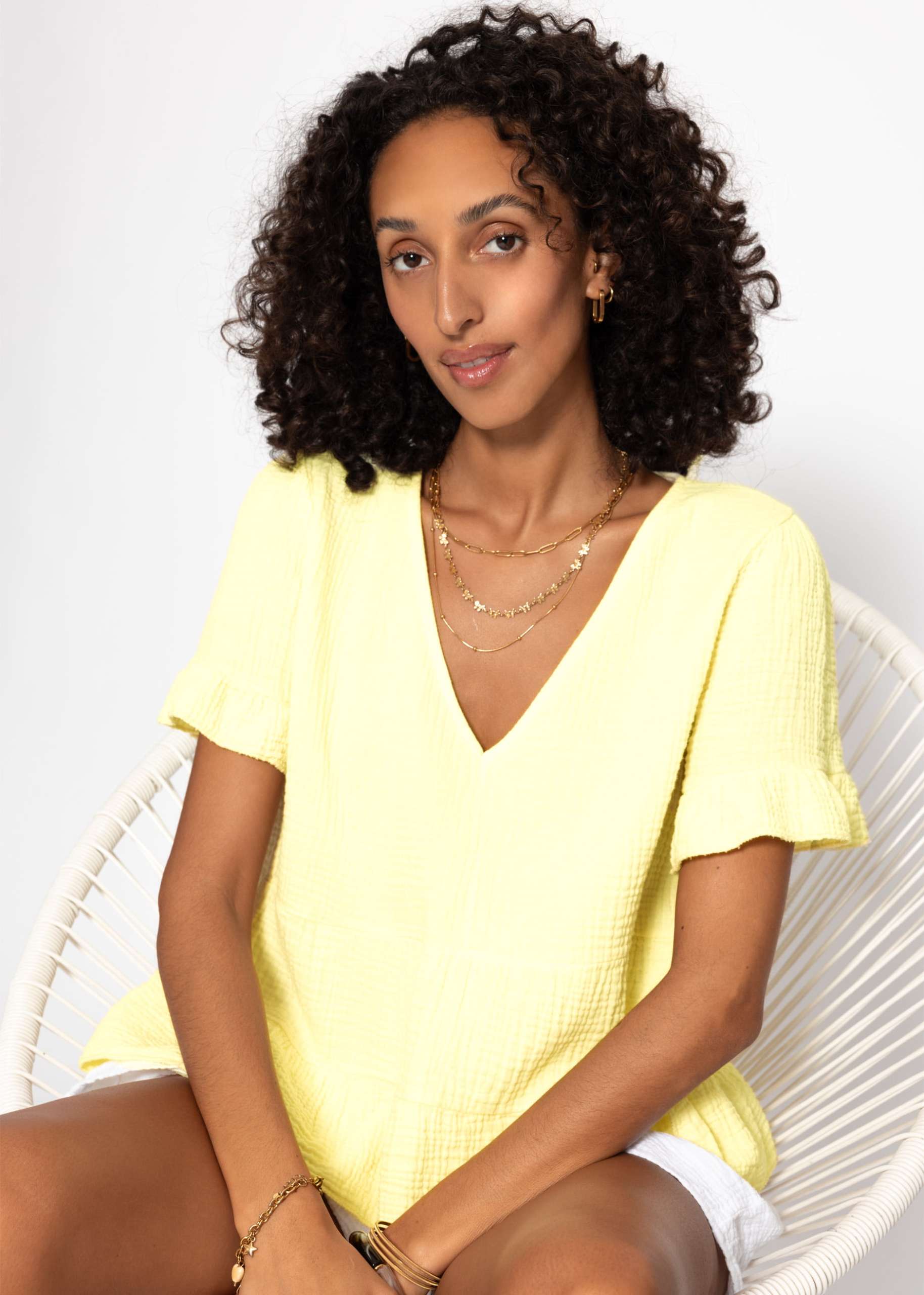 Musselin Shirt mit Volants - buttergelb