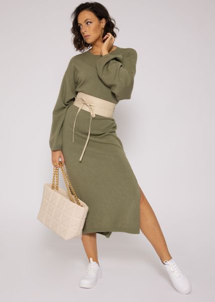 Maxi Strickkleid mit Schlitz, khaki