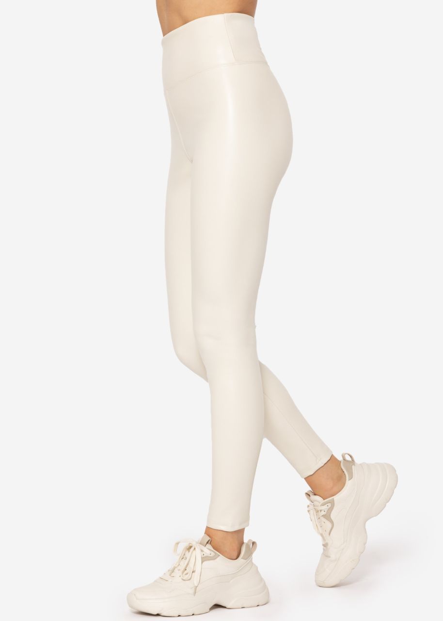 High-Rise Thermo Lederleggings mit breitem Bund - offwhite