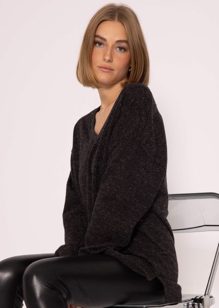 Lurex-Sweater mit tiefem V-Ausschnitt, dunkelgrau