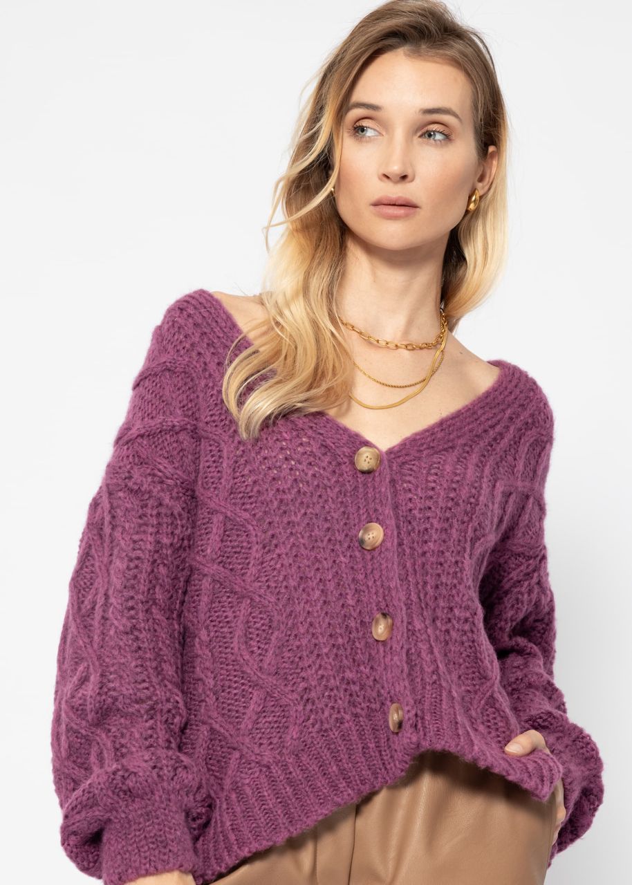 Oversize Strickjacke mit Zopfmuster - aubergine