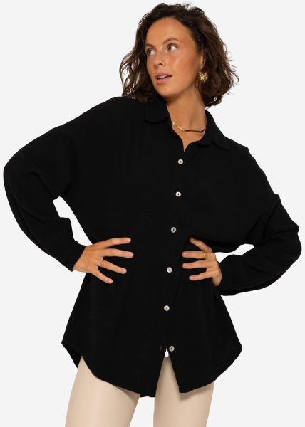 Musselin Bluse mit abgerundetem Saum, schwarz