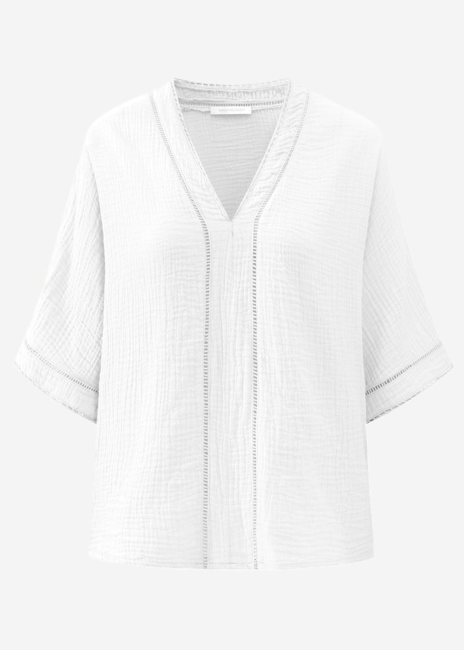 Musselin Bluse mit Spitzeneinsatz - weiß