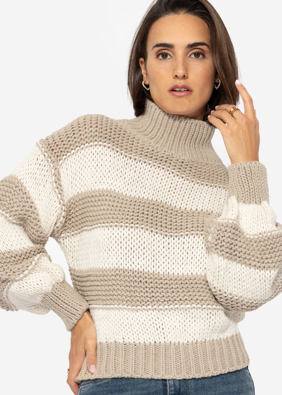 Rollkragenpullover mit Streifen - taupe-beige