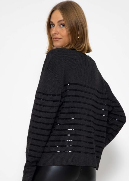 Pullover mit Pailletten Streifen - dunkelgrau
