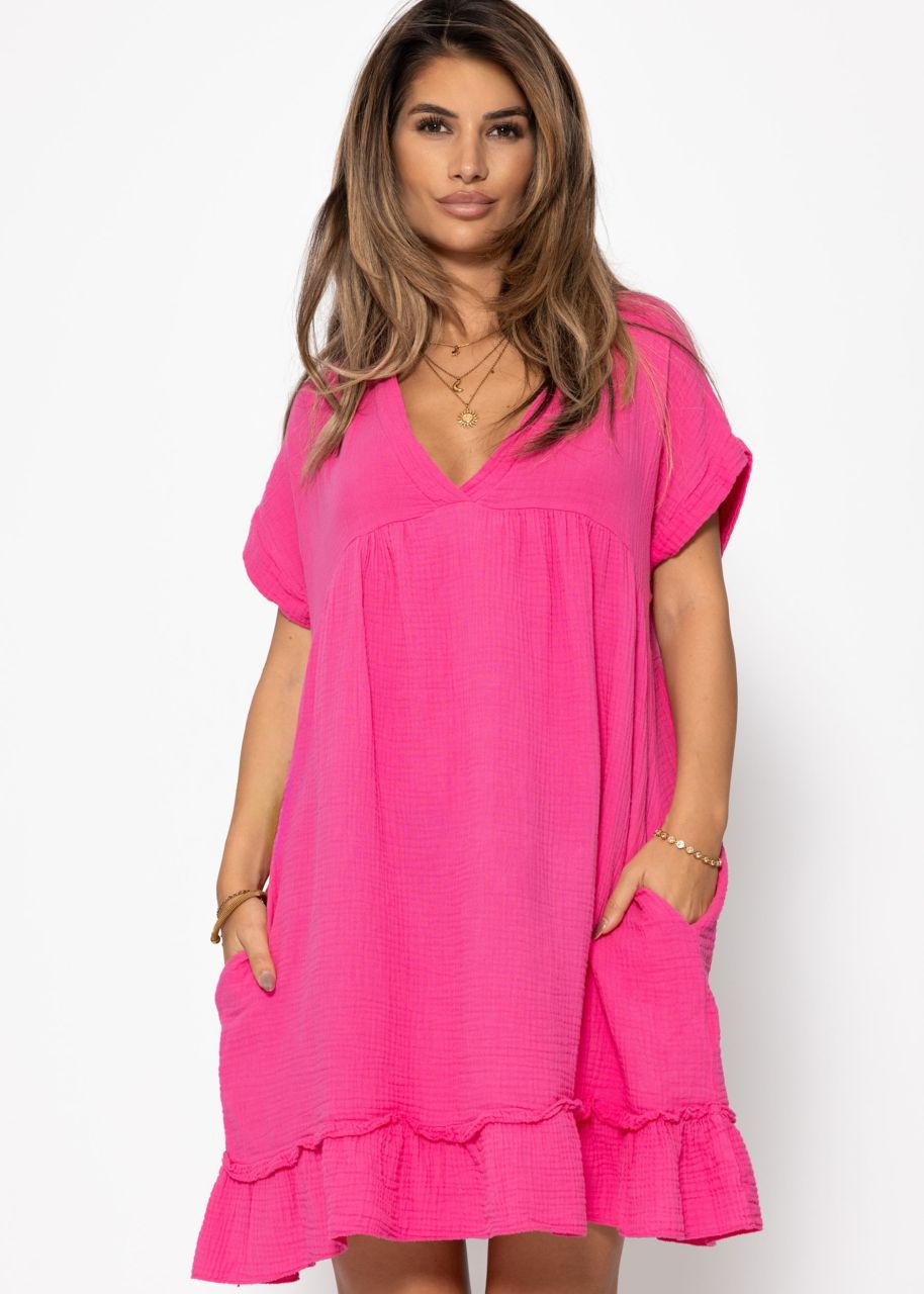 Musselin Kleid mit V-Ausschnitt - pink