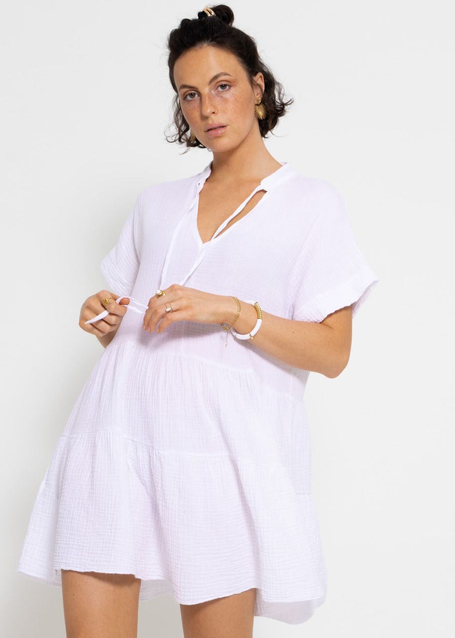 Kurzes Musselin Kleid mit Volants - weiß