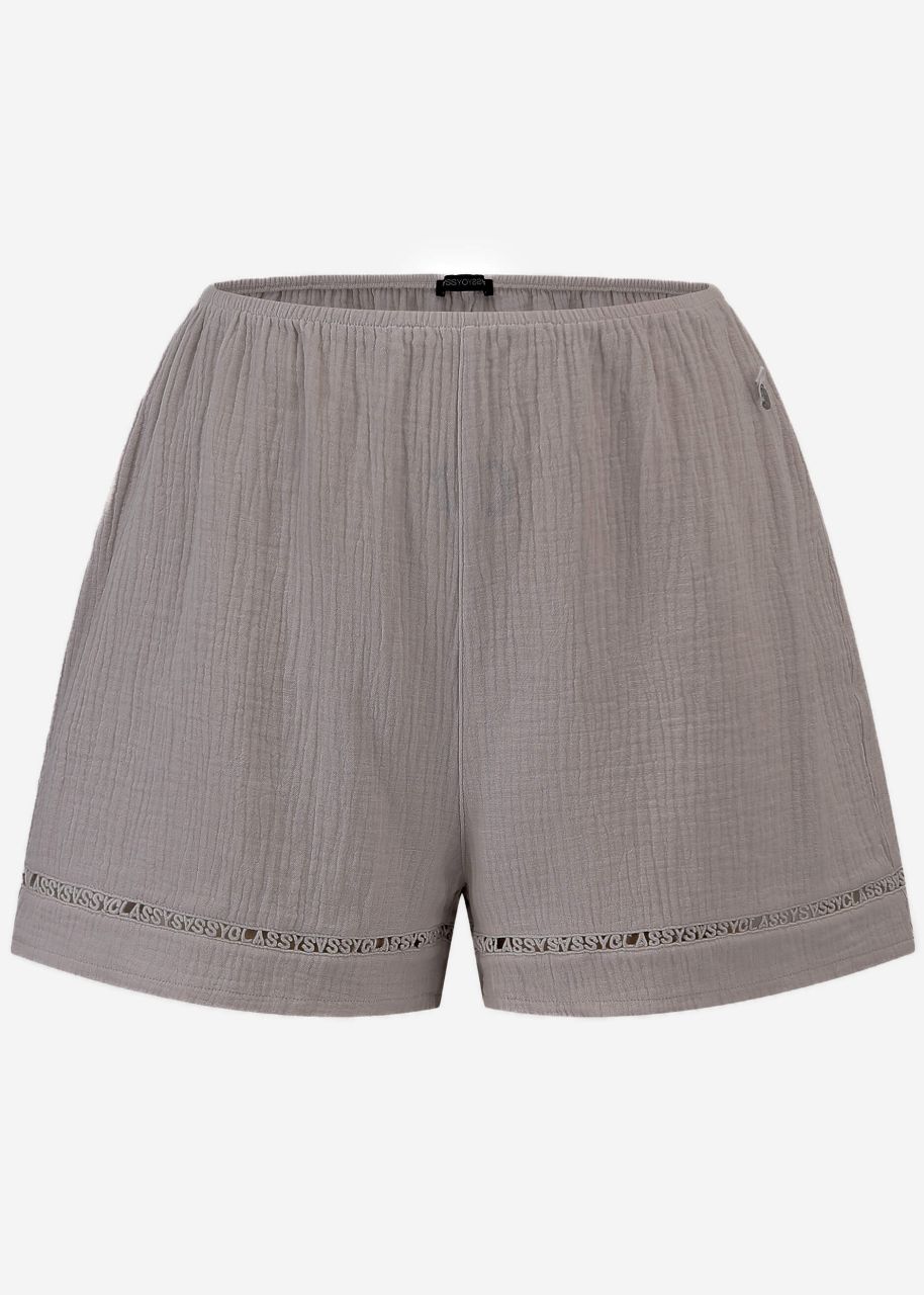 Musselin Pyjamashorts mit Spitzenborte - taupe