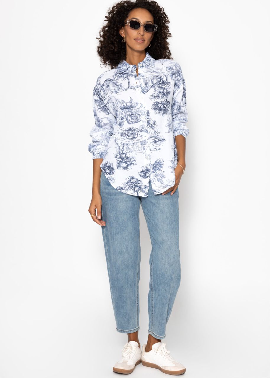 Oversize Musselin Bluse mit Print - dunkelblau