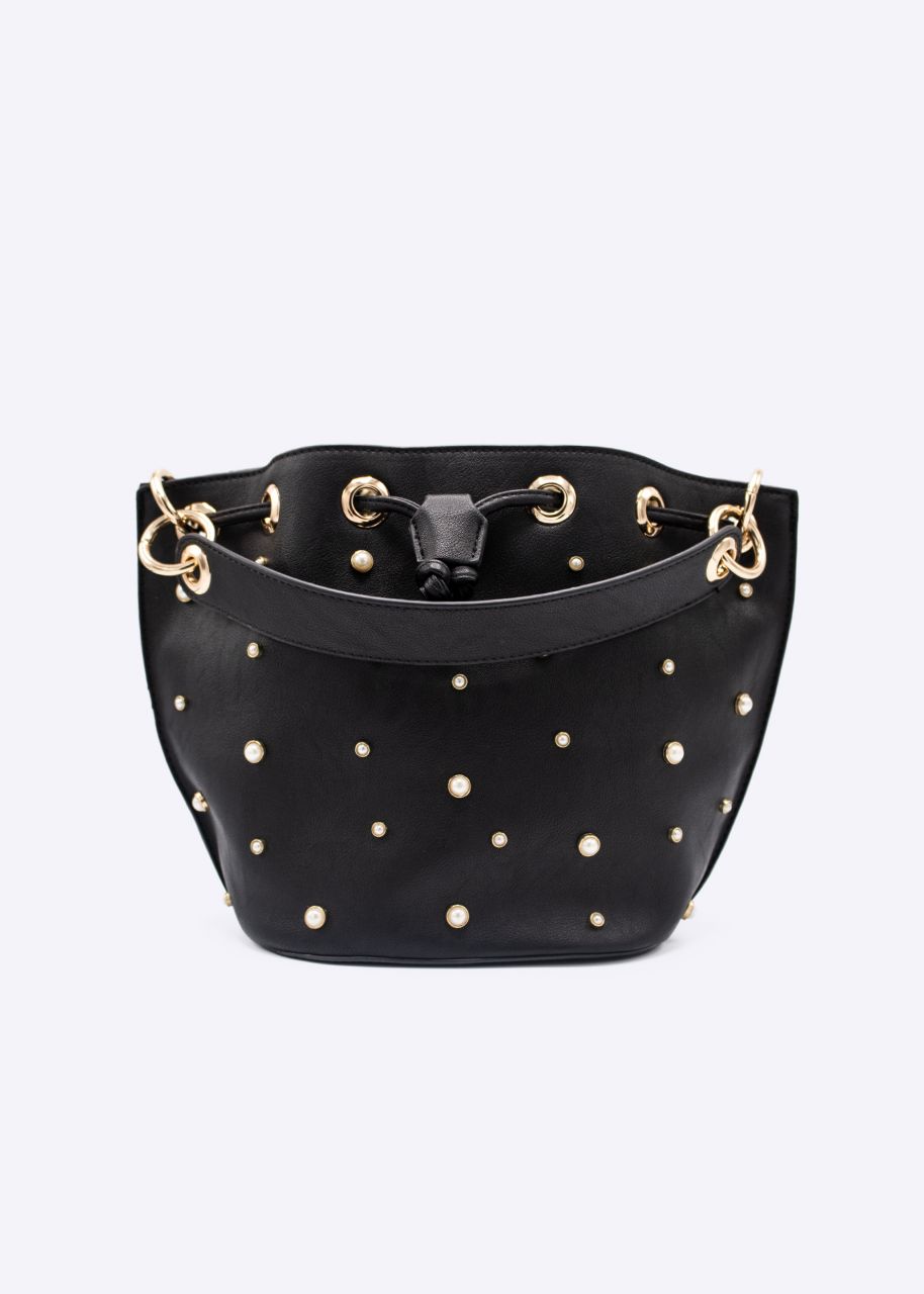 Bucket-Bag mit Perlen, schwarz