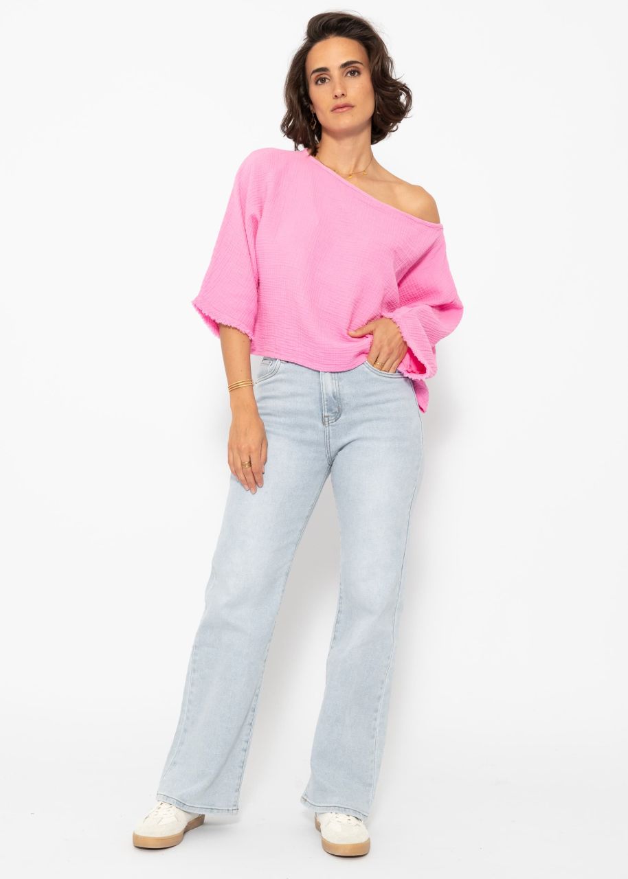 Musselin Shirt mit ausgefranstem Ärmelabschluss - pink